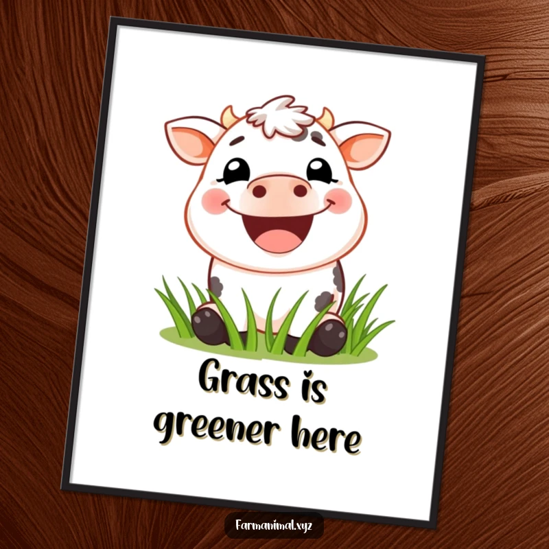 Funny Cow Poster showing a wide-eyed, grinning cow joyfully munching on lush green grass in a picturesque meadow setting.