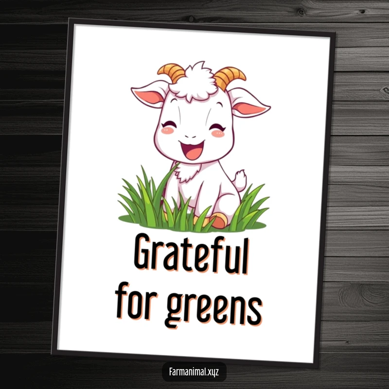 Funny goat poster displaying a joyful goat character with a bright smile, contentedly munching on grass, radiating pure happiness.