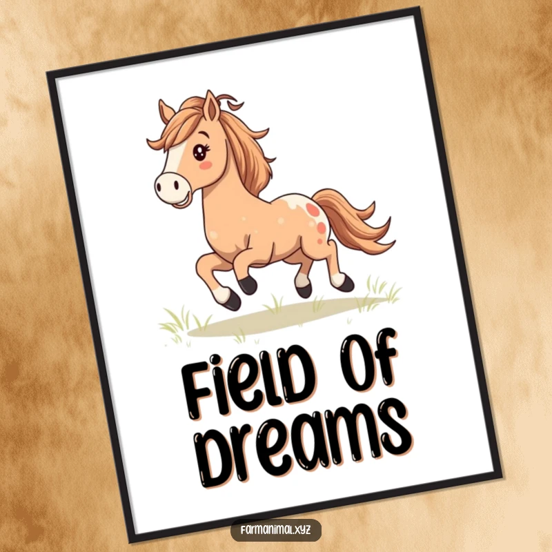 Happy Horse Galloping Poster, a majestic horse gallops across a scenic field, its mane flowing elegantly, inspiring wall art.
