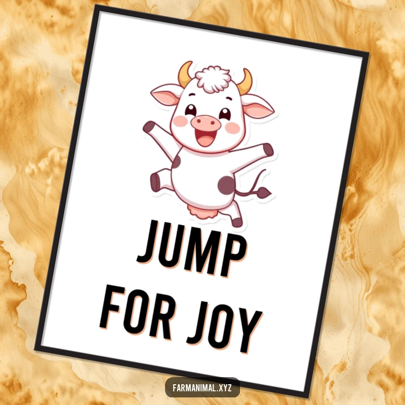 Funny jumping cow poster, mid-air with a joyful expression, vibrant farm animal art for uplifting wall decor.