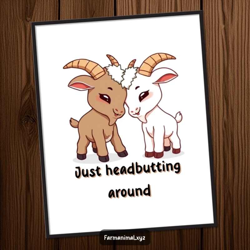 Funny goats playfully butting heads on a poster, a humorous and charming piece of wall art.