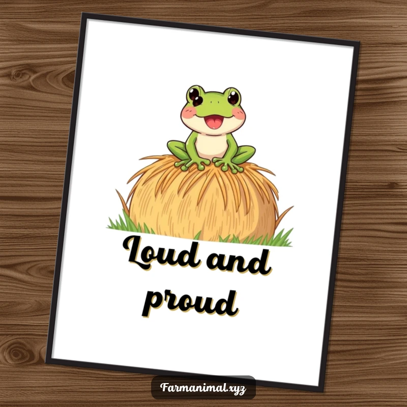 Funny Frog Poster depicting a playful frog loudly croaking while perched on a hay bale, creating a humorous and lively scene.