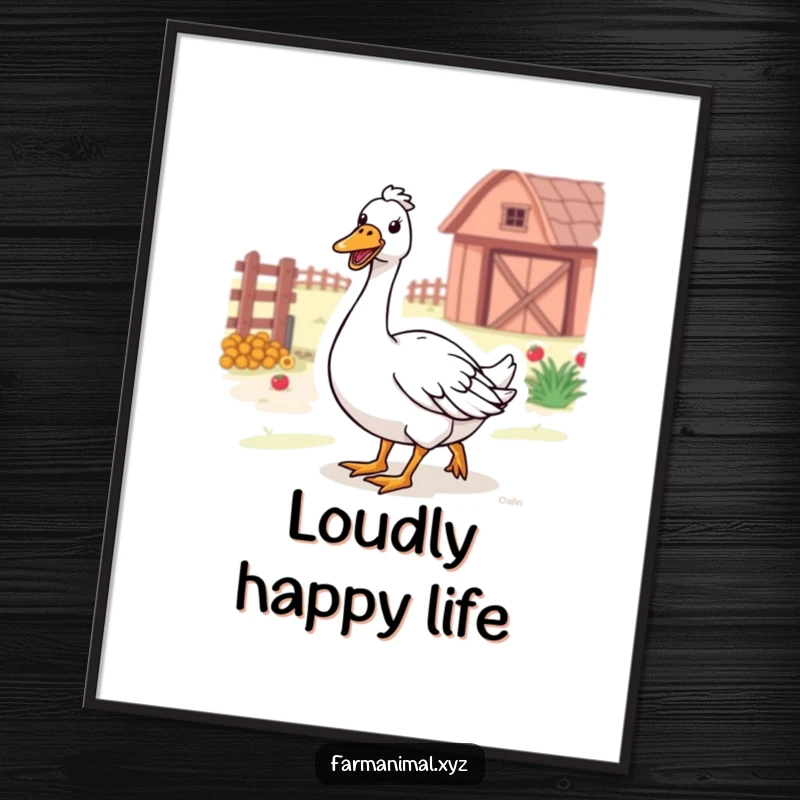 Funny Farm Goose Poster featuring a happy goose honking while waddling through the farm, full of life.