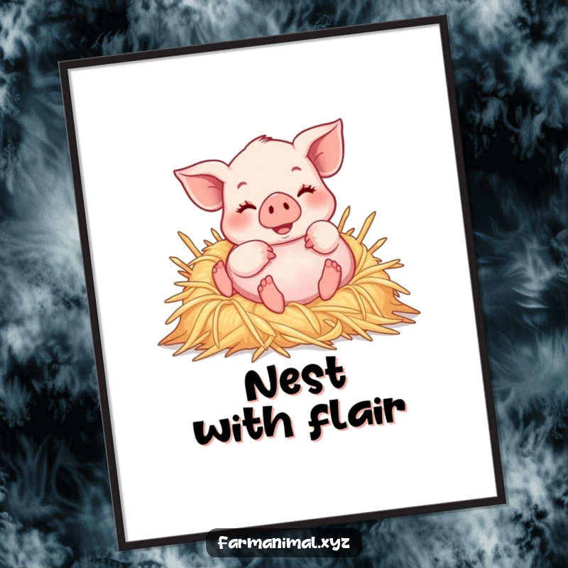 Funny piglet joyfully rolling in a pile of soft straw, a humorous and charming poster for wall decor.