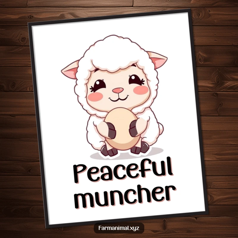 Funny Sheep Chewing Cud Poster, capturing a sheep's peaceful smile and contented chew, bringing tranquil farmyard humor to any wall.