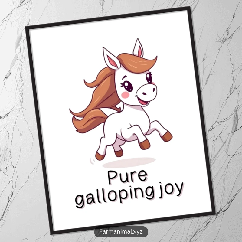 Funny horse poster displaying an energetic horse in a joyful gallop, a dynamic piece of humor-filled wall art.