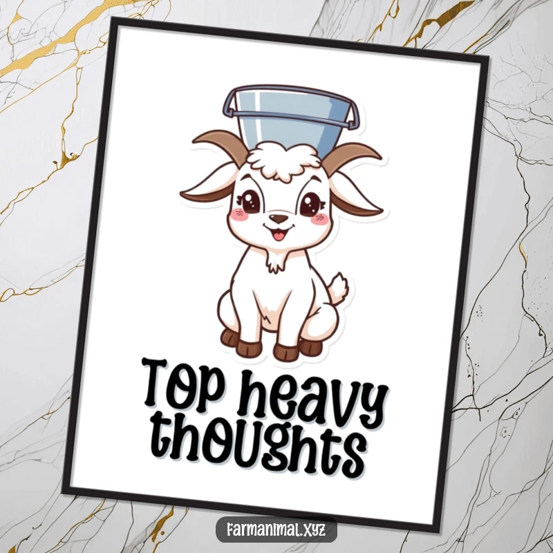 Funny goat character skillfully balancing a bucket on its head, a whimsical poster print for amusing decor.