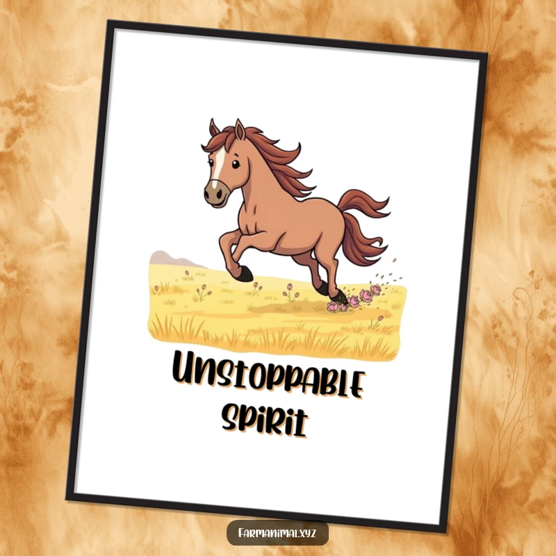 Funny Poster of a determined horse in full gallop across a wide field, conveying a powerful sense of motion, freedom, and natural beauty.