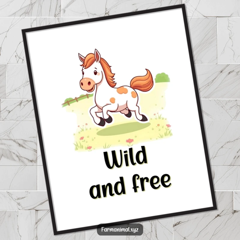 Funny happy horse character kicking its heels joyfully in a pasture, a vibrant poster print for equine art lovers.