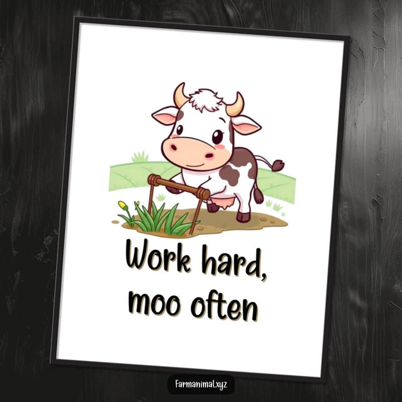 Funny cow poster depicting a determined smiling character plowing a small field, bringing humorous farm motivation to wall decor.
