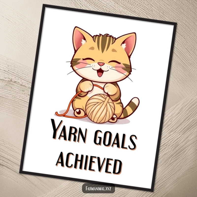 Funny Barn Cat Poster featuring a playful cat batting a ball of yarn, charming and humorous.