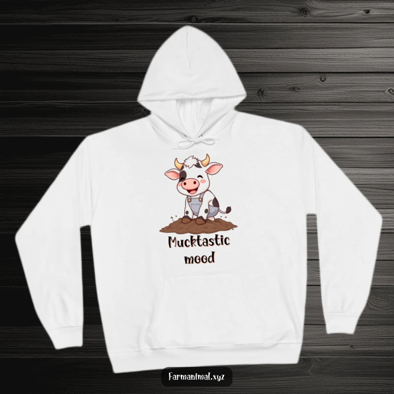 Funny cow wearing overalls happily stomping in mud, a warm and humorous hoodie for farm life enthusiasts.