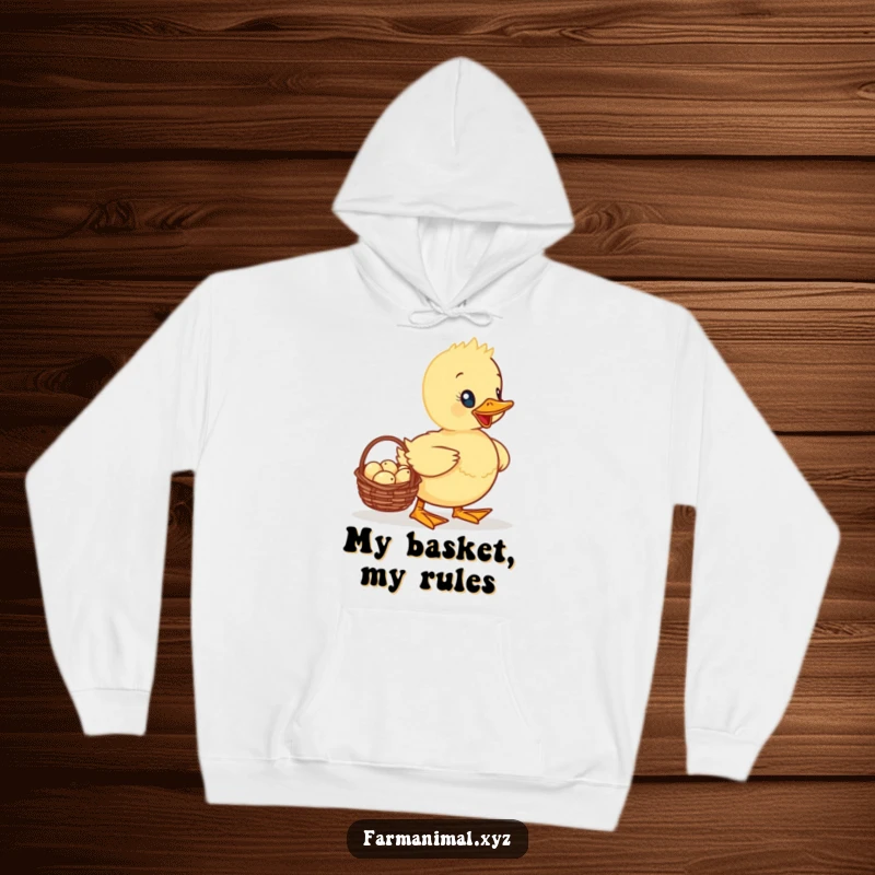 Funny Duckling Hoodie depicting a proud duckling carefully carrying a basket overflowing with tiny eggs, ideal for cozy days.