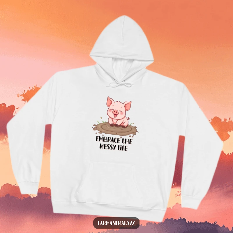 Funny piglet hoodie enjoying a muddy puddle splash, pure unadulterated joy, cozy and warm for the wearer, a funny gift.