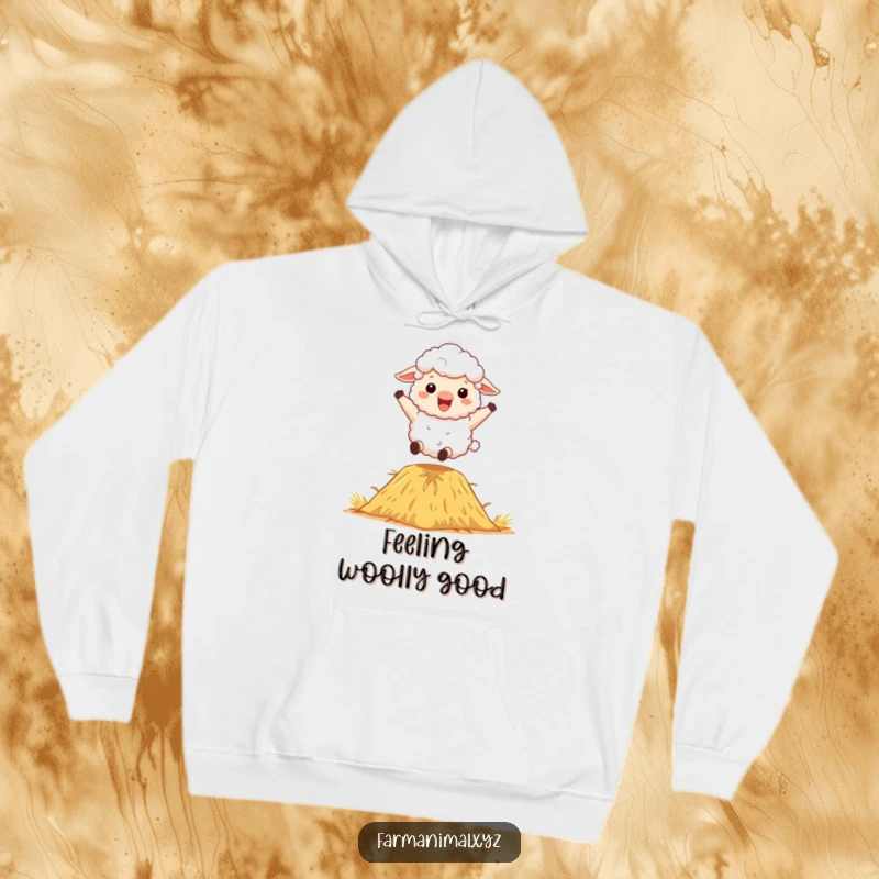 Funny Sheep Hoodie: A fluffy sheep character energetically bouncing on a haystack, offering snuggly comfort.