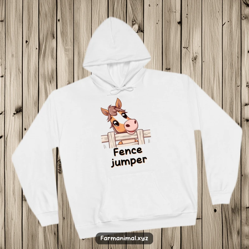 Funny Horse Hoodie depicting a curious horse with wide, innocent eyes looking over a fence, offering snuggly farm humor and warmth.