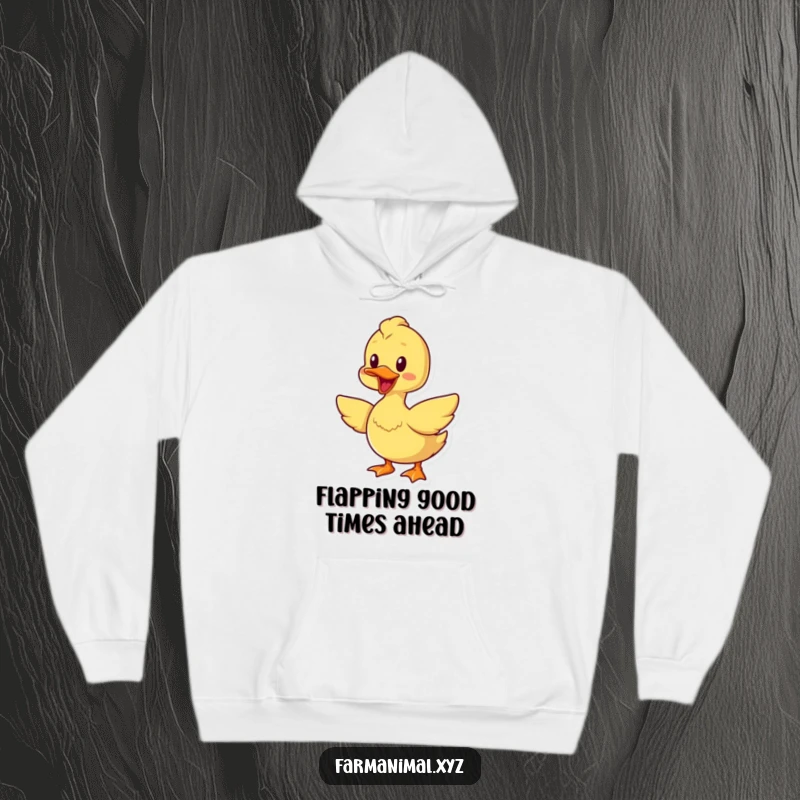 Funny cheerful duck hoodie, quacking and flapping wings, a cozy and humorous sweatshirt for bird lovers.