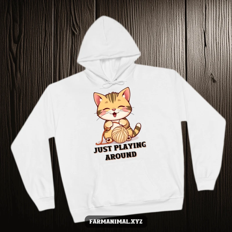 Funny Barn Cat Hoodie with a playful cat batting a ball of yarn, warm and full of charm.