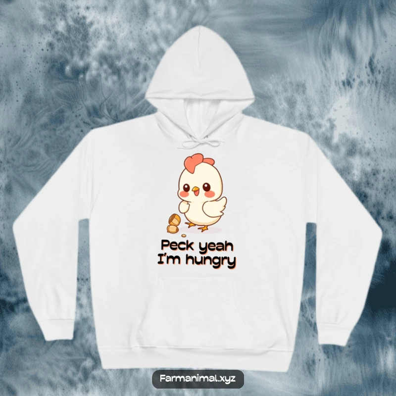 Funny chicken hoodie showing a happy hen pecking at a kernel, offering warmth and a dose of playful farmyard personality.