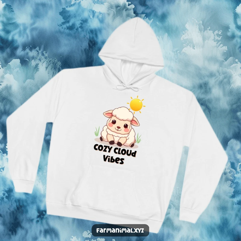 Funny sheep hoodie showing a content sheep resting peacefully beneath a beautiful, sunny sky.