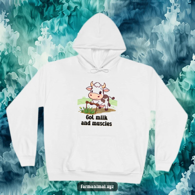 Funny cow hoodie showcasing a determined character smiling while plowing a small field, offering warmth and humorous farm resilience.