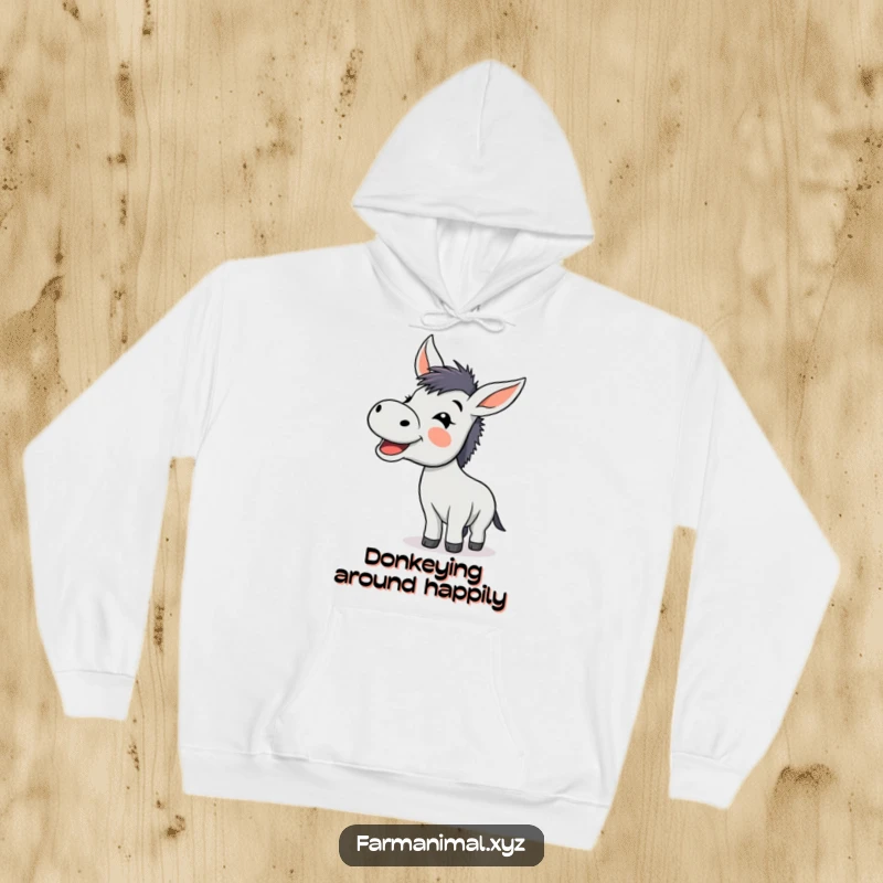 Funny donkey braying with glee on a cozy hoodie, a humorous and warm piece of apparel.