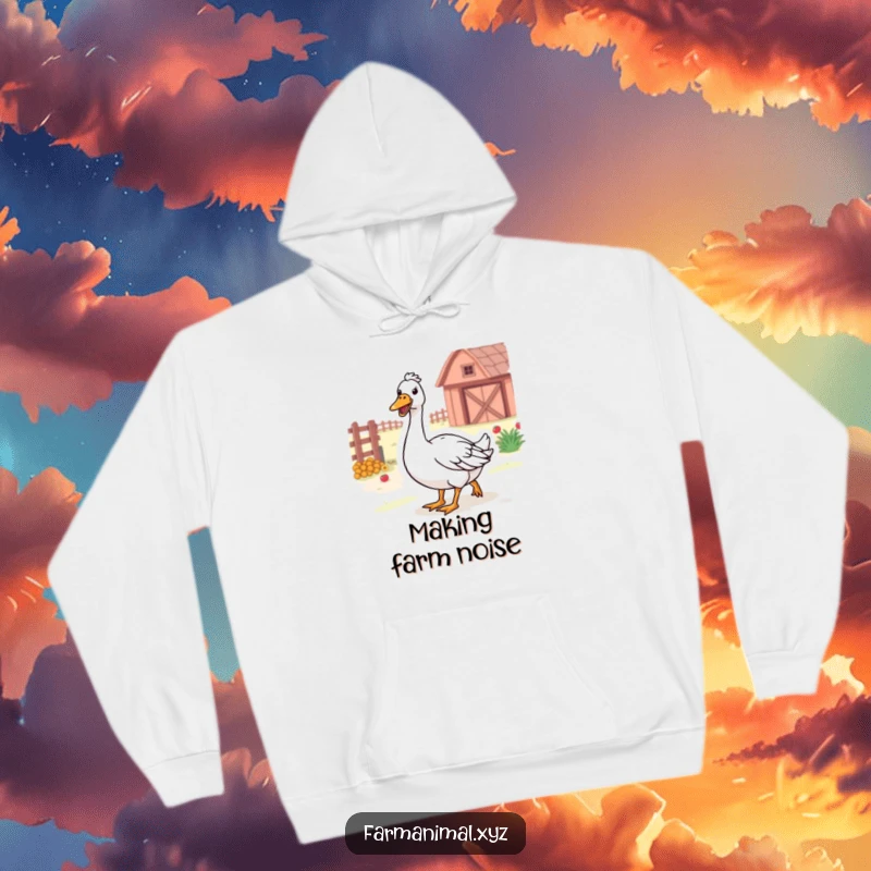 Funny Farm Goose Hoodie with a happy goose honking while waddling through the farm, warm and amusing.