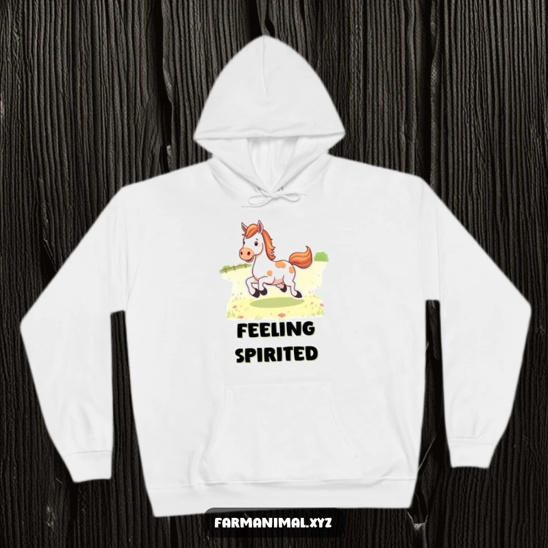 Funny happy horse character kicking up its heels in a lush pasture, depicted on a cozy hoodie.