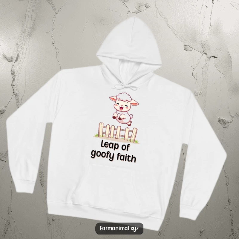 Funny playful lamb leaping with excitement over a fence, printed on a soft hoodie, a humorous and endearing farm item.