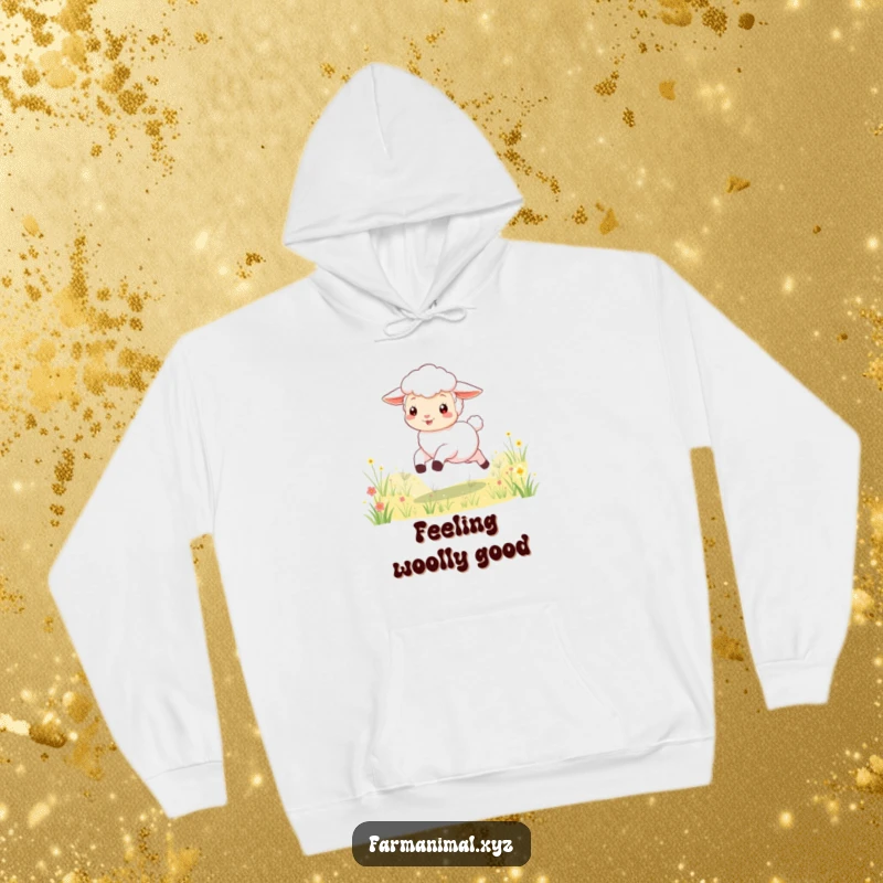 Funny lamb hoodie featuring a playful character skipping through a meadow, offering warmth and a touch of whimsical humor.