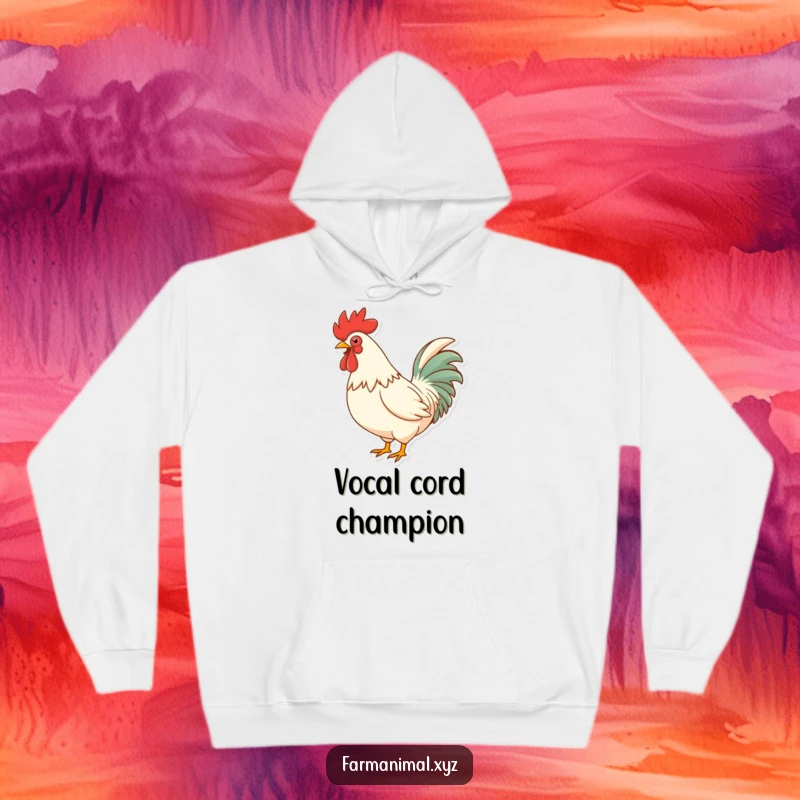 Funny Rooster Crowing Hoodie, chest puffed out, a vibrant depiction of a rooster's proud, loud morning announcement, full of comical energy.