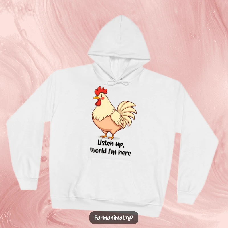 Funny rooster hoodie showing a proud rooster loudly crowing, chest puffed out, radiating morning cheer and farm animal fun.