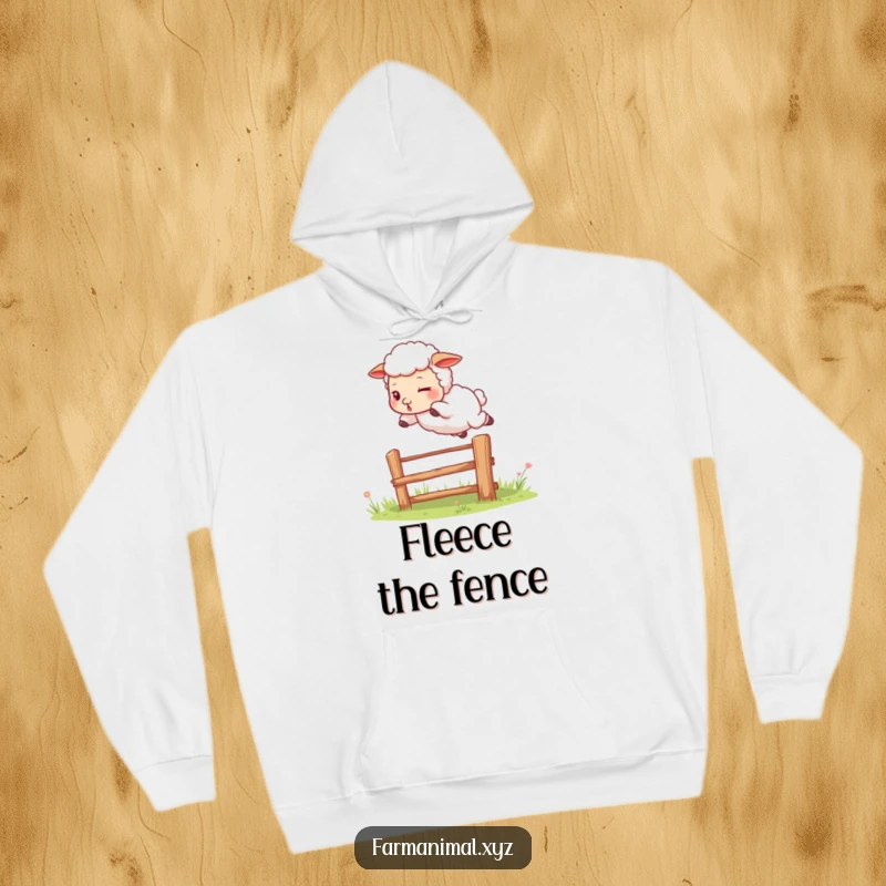 Funny sheep hoodie depicting a determined sheep leaping over a fence, offering warmth and a symbol of playful perseverance.