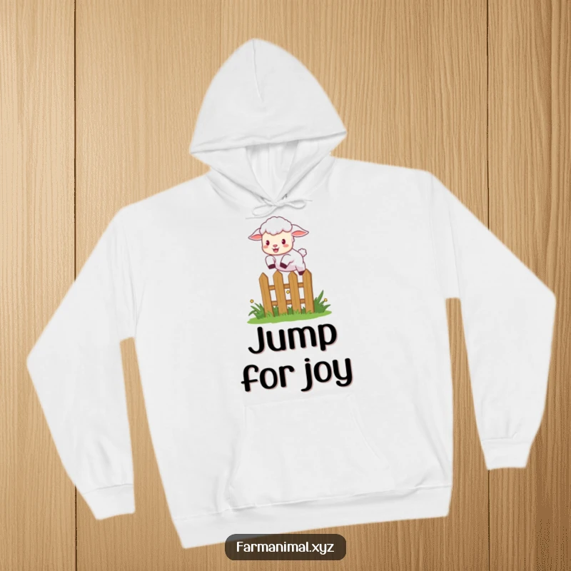 Funny lamb leaping over a small garden fence with excitement, a warm and humorous hoodie for active days.
