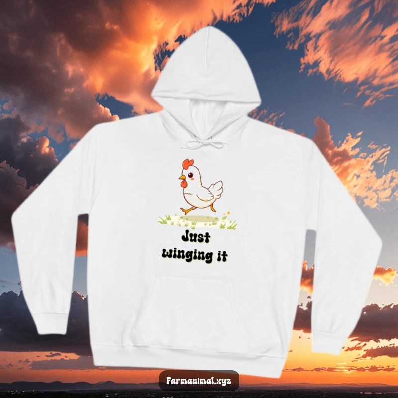 Funny kawaii chicken galloping across a sunny field, featured on a soft hoodie, ideal for humorous farm animal enthusiasts.