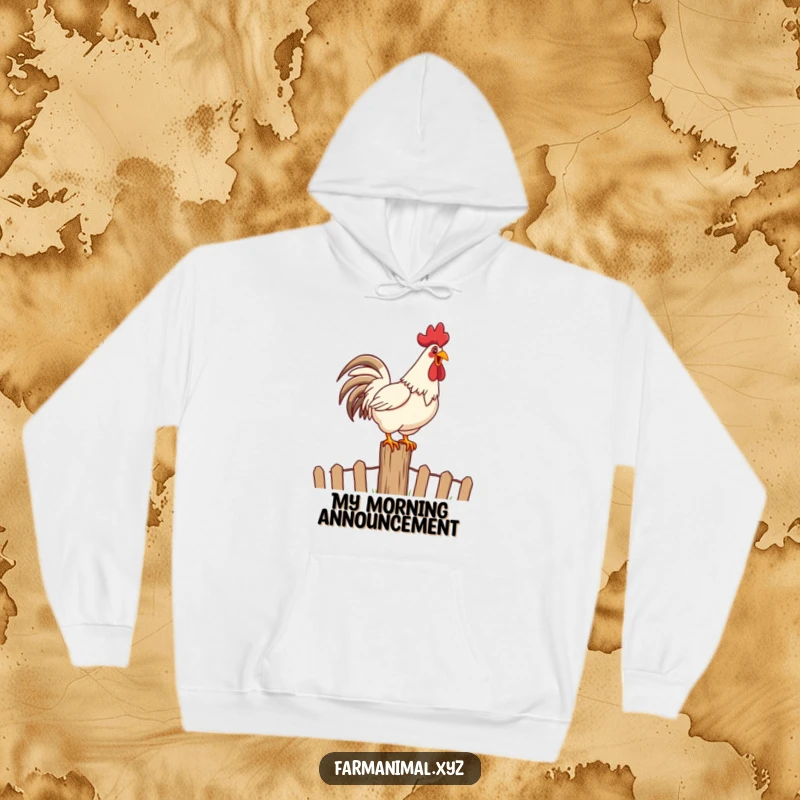 Funny Rooster Crowing Hoodie with a happy rooster loudly crowing on top of a fence post, warm and cheerful.