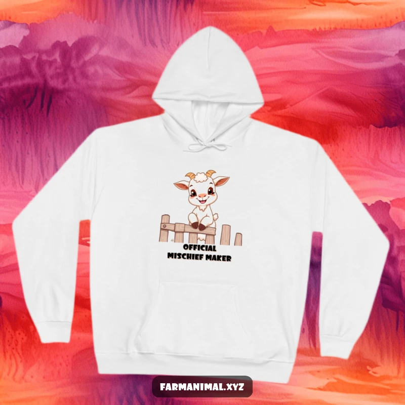 Funny goat hoodie showing a small goat with a mischievous grin scaling a fence, great for humor lovers.