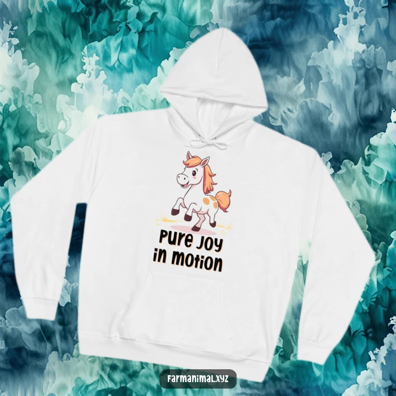 Funny Horse Hoodie with a smiling horse kicking up its heels in a pasture, warm and humorous.