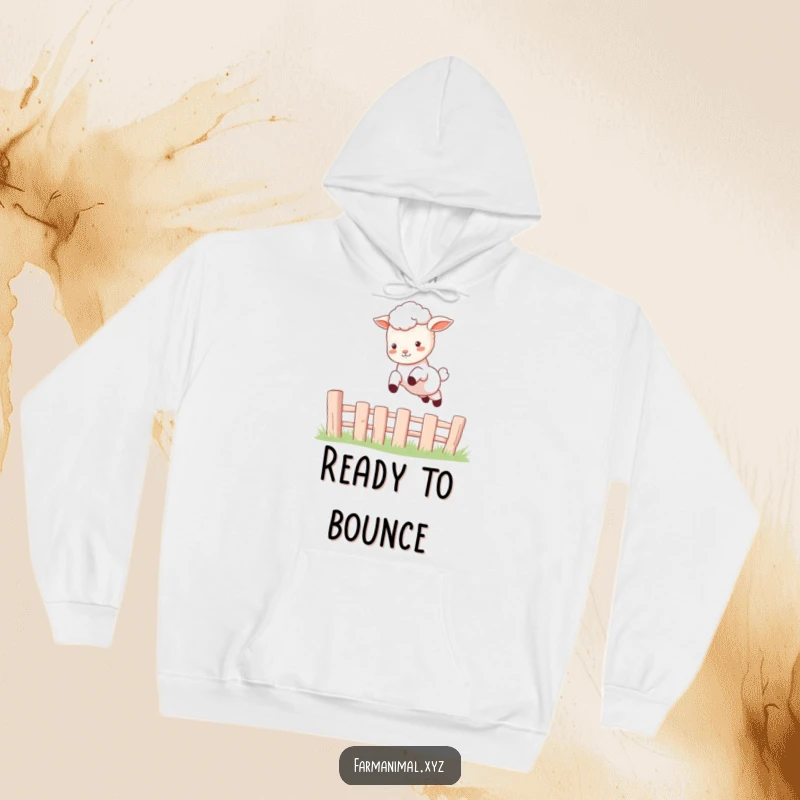 Funny Lamb Hoodie with a cute lamb captured in a dynamic leap over a fence, embodying playful freedom and cozy warmth.