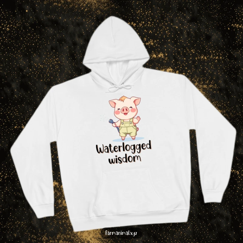 Funny Piglet Hoodie: A cute piglet in overalls joyfully sprays water from a hose, perfect for a cozy, humorous vibe.