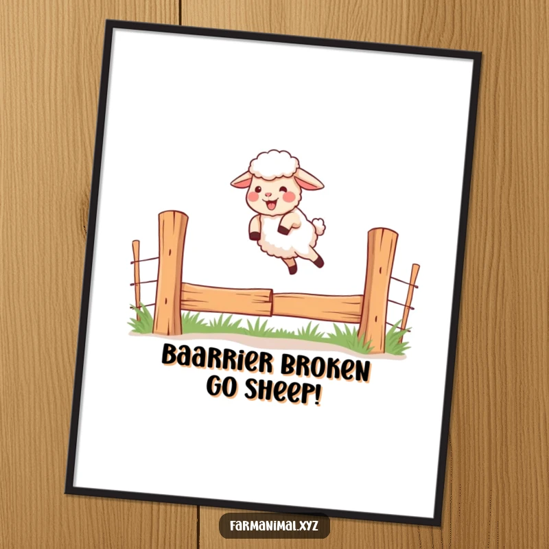 Funny Free Printable Wall Art: Giggling sheep with great determination leaping energetically over a fence, embodying freedom and joy.