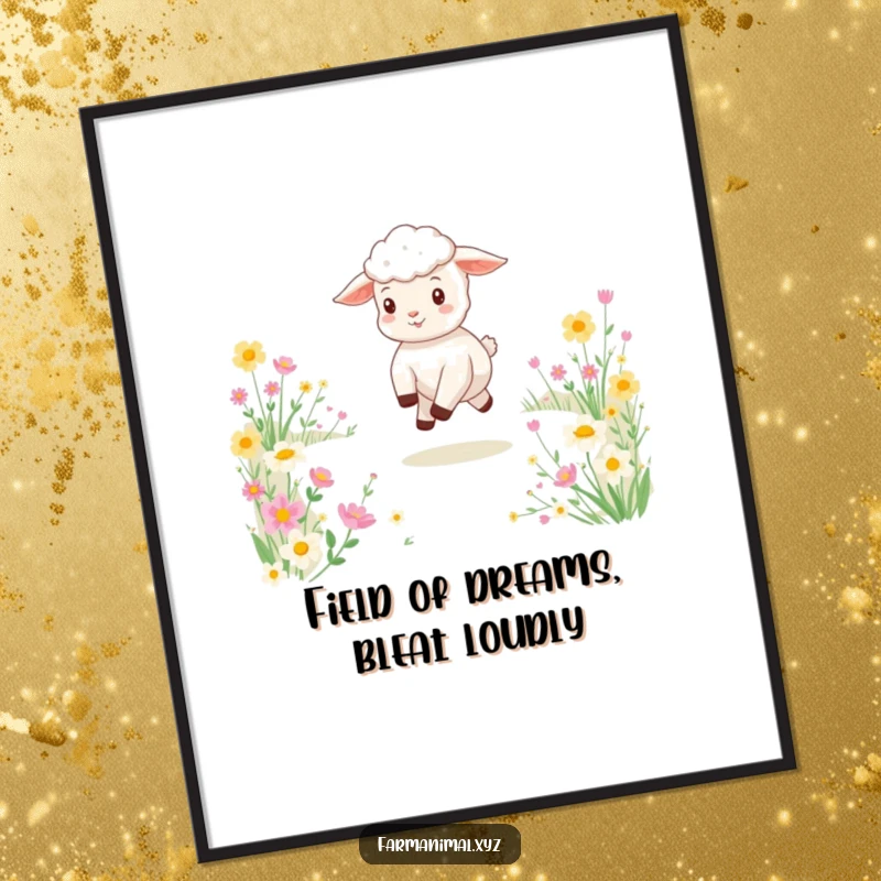 Funny Free Printable Wall Art depicting a gleeful lamb joyfully skipping through a vibrant, flower-filled meadow.