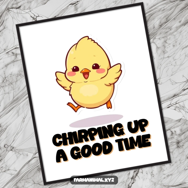 Funny Free Printable Chick Wall Art: Fluffy chick character captured mid-hop with infectious excitement, radiating pure joy.