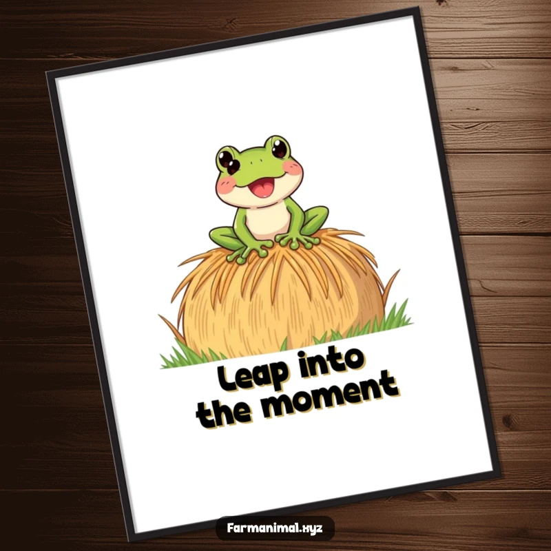 Funny Free Printable Wall Art of a playful frog perched on a hay bale, loudly croaking with character and charm.