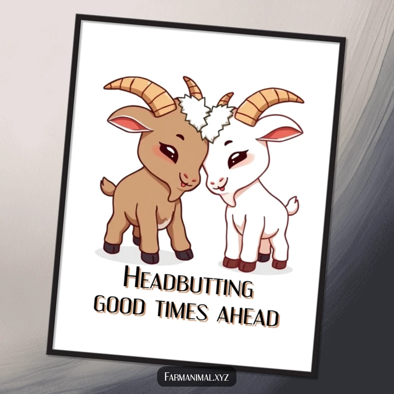 Funny free printable wall art: Two cartoon goats playfully headbutting, creating a humorous and charming piece of art.
