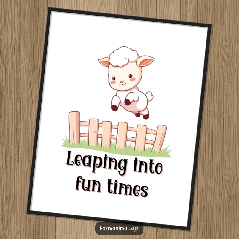 Funny Free Printable Wall Art: A cute, fluffy lamb in mid-leap over a small fence, embodying pure playful energy