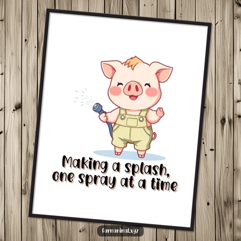Funny Free Printable Piglet Wall Art: A cheerful piglet in overalls joyfully sprays water from a hose, creating a playful scene.