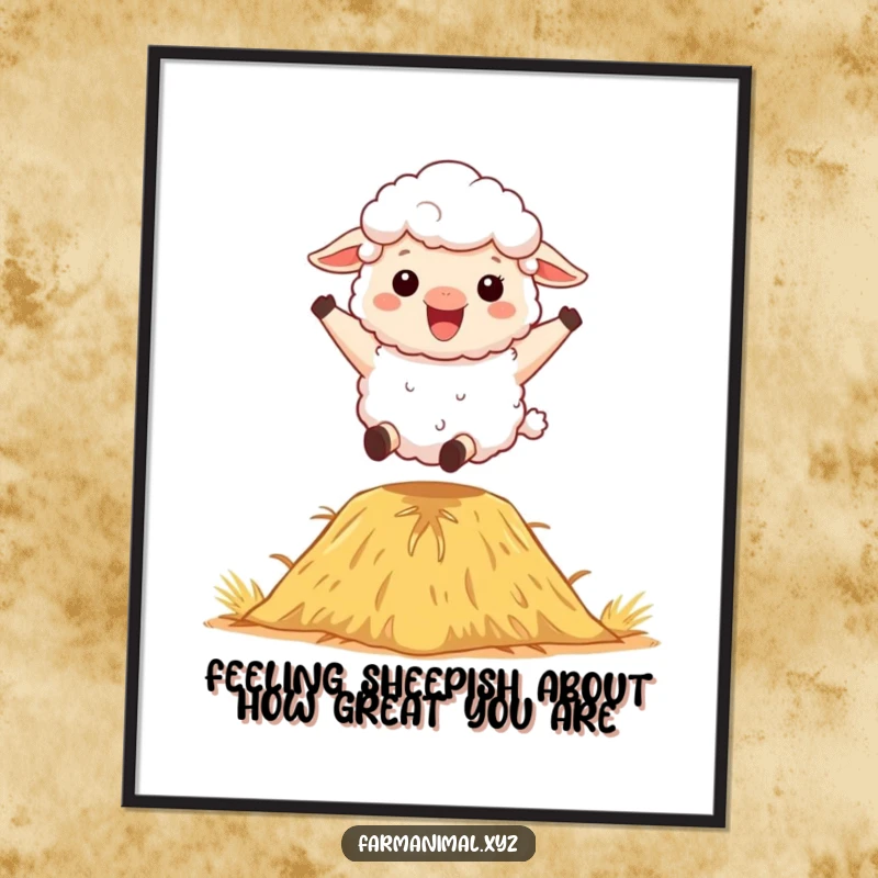 Funny Free Printable Sheep Wall Art: A fluffy sheep character bounces with unbridled joy on a large haystack in a vibrant scene.