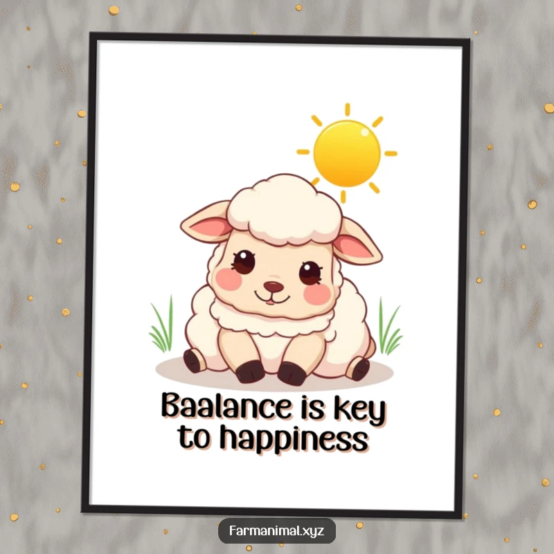Funny Free Printable Sheep Wall Art: Content sheep character resting peacefully under a bright sunny sky, radiating calm.