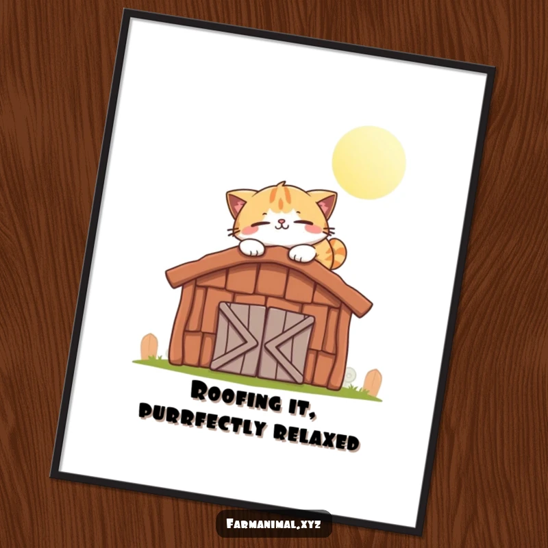 Funny Free Printable Wall Art: A smiling cat enjoying a blissful nap on a warm, sunlit barn roof.